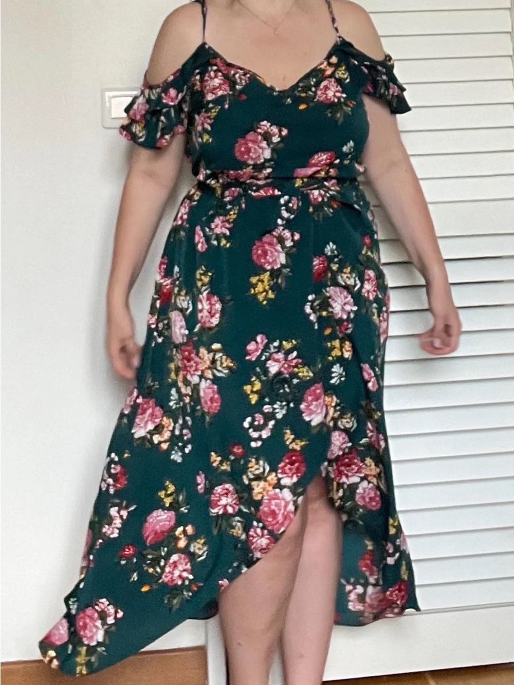 SHEIN Floral High Low Maxi Dress Plus Size 2X Green Ruffle Boho Wedding Guest